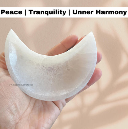 Amazing Gemstone Selenite Bowl - 4" Moon Selenite Crystal to Charge your Healing Stones and Crystals - Selenite Charging Plate Bowl (Moon Shape)