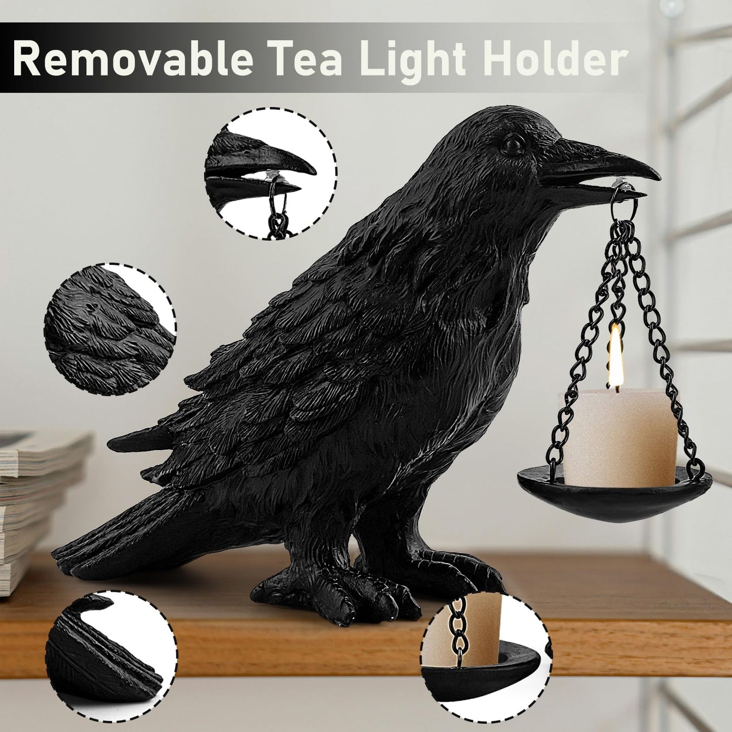 Gothic Crow Lamp with Tealight Candle Holder Resin Raven Decor Statue Gothic Home Decor for Bedroom Unique Goth Gifts Black