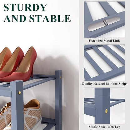 Smiry Bamboo Shoe Rack, 4 Tier Free Standing Wooden Shoe Organizer, Stackable Wood Shoe Storage Shelf for Closet, Entryway, 12 Vertical Slats, 2+2 Stack Standard Legs, 26.8"x11"x26", Grey