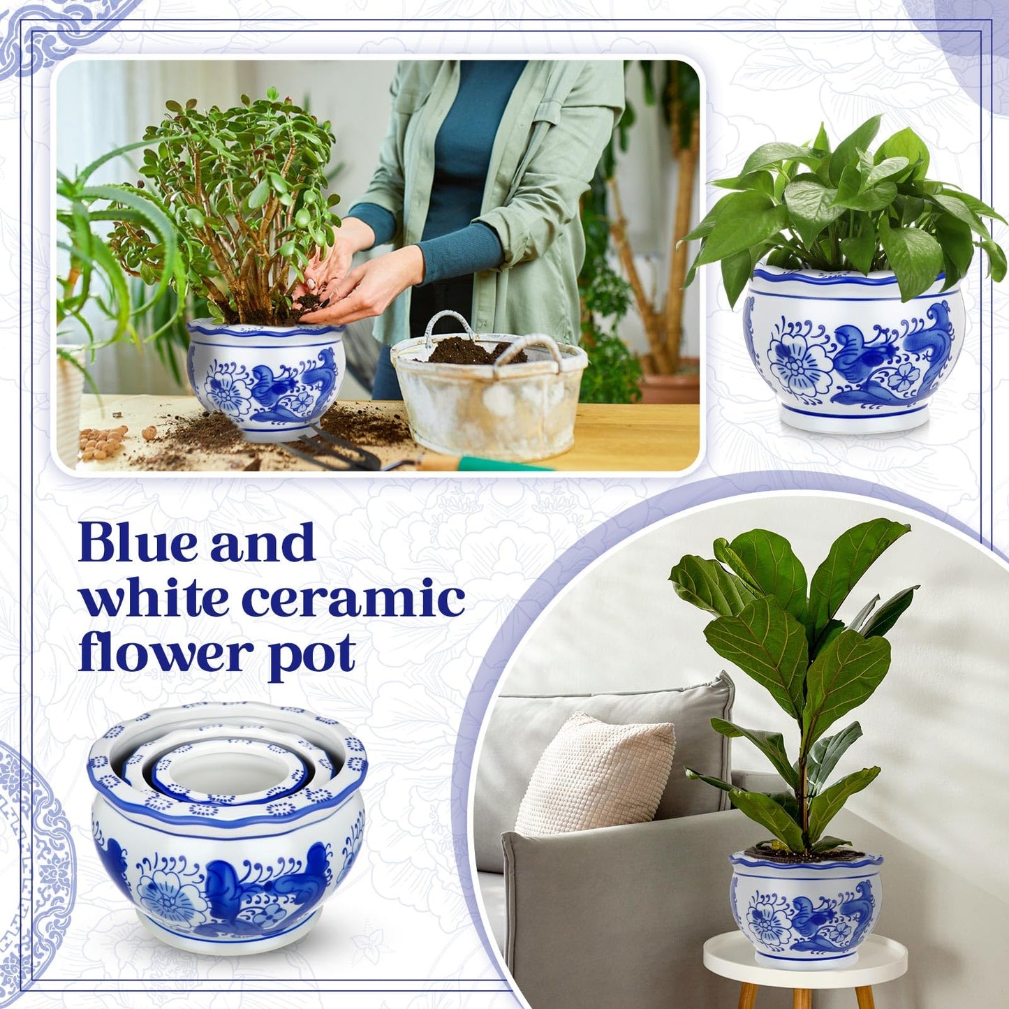 Briwooody Set of 3 Blue and White Porcelain Flower Pots 7.2'' 6'' 4'' Decorative Chinoiserie Plant Pots with Drainage Hole Saucers Ceramic Planters for Indoor Garden(Elegant Style)