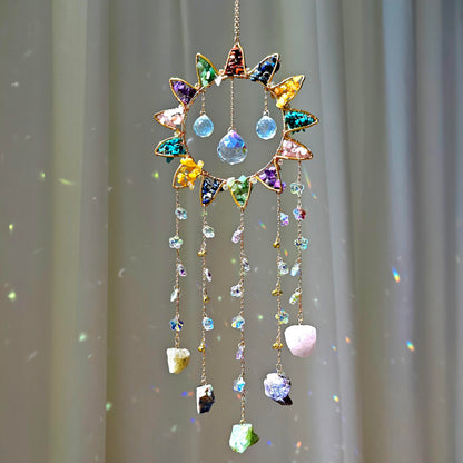 7 Chakra Crystal Sun Catcher Hanging Decor, Rainbow Maker with 3 K9 Crystal Prism Balls & Natural Crystal Stone, Wall and Window Decor Ornament for Home, Bedroom, Balcony, Handmade Gift.