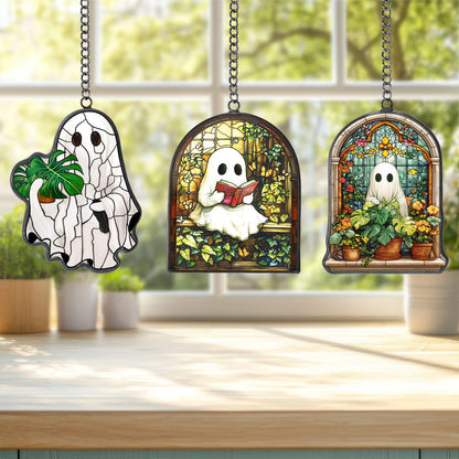 Bucherry 3 Pcs Halloween Ghost Suncatcher Halloween Stained Glass Plant Reading Book Glass Suncatcher Window Hangings Ornaments Cute Ghost Plant Hanging Decor for Home Office Kitchen Living Room Wall