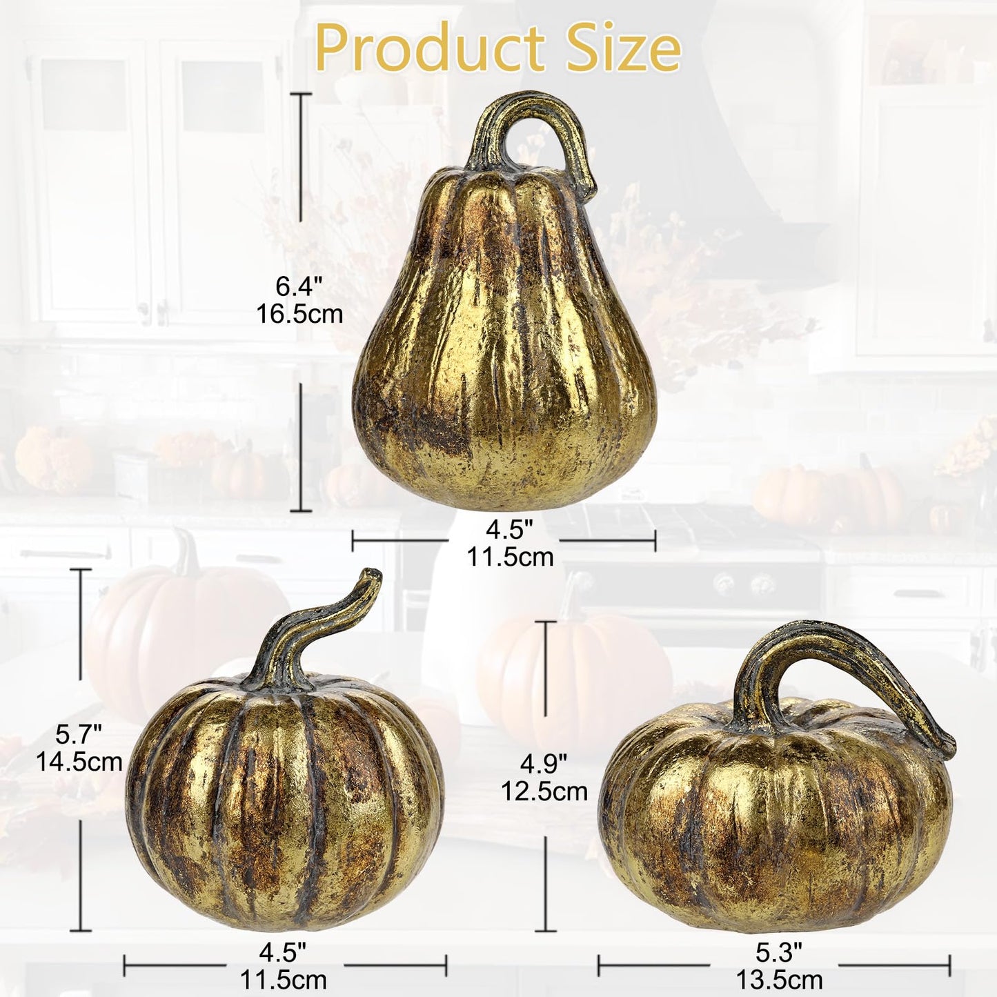 Hollyone Fall Pumpkin Decor 3 PCS Gold Resin Pumpkin Figurines Fake Pumpkins for Decorating Faux Pumpkins Fall Decorations Rustic Farmhouse Home Centerpiece for Thanksgiving Harvest Halloween Autumn