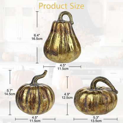 Hollyone Fall Pumpkin Decor 3 PCS Gold Resin Pumpkin Figurines Fake Pumpkins for Decorating Faux Pumpkins Fall Decorations Rustic Farmhouse Home Centerpiece for Thanksgiving Harvest Halloween Autumn