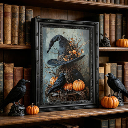Framed Witch Hat Canvas Wall Art,Halloween Pumpkin Crow Painting Picture Wall Decor,Dark Academy Poster Print Artwork,for Living Room Bedroom Tarot Reading Room Haunted House Home Decoration 9x11in