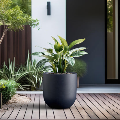 Kante 11.0" Round Concrete Planter, Large Cylinder Plant Pot with Curved Bottom and Drainage Hole, for Indoor and Outdoor Use – Garden or Patio, Charcoal Finish with Painted Interior