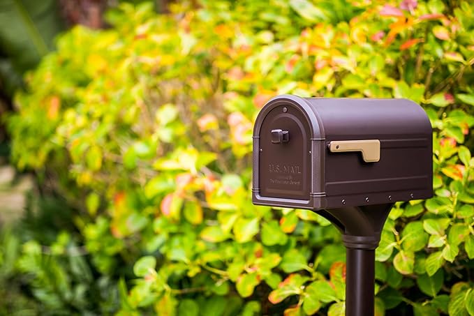 Architectural Mailboxes Roxbury Mailbox with Post, Rubbed Bronze, Large | Includes the matching post and all hardware. Galvanized steel build and rust-resistant powder-coat finish. USPS approved.