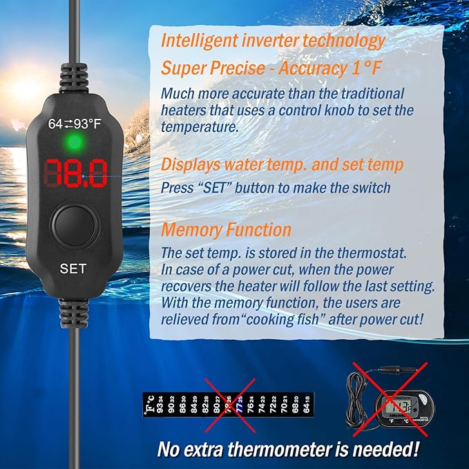 20W Mini Aquarium Heater for 2-4 Gallon Tanks | Submersible Fish Tank Heater with Digital Thermostat, Dry-Run & Overheat Protection, Memory Function