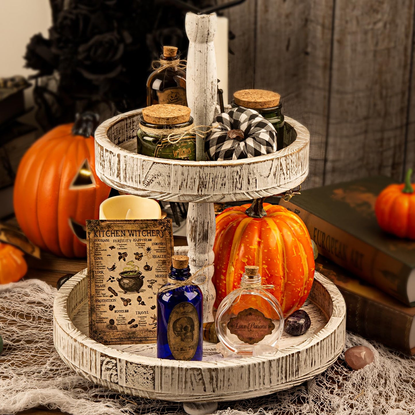 HOHUCRAB Potion Bottles Halloween Decoration, Set of 4 Glass Potion Bottles with Corks and 10 Halloween Bottle labels, Halloween Tiered Tray Decor, Halloween Decorations Indoor
