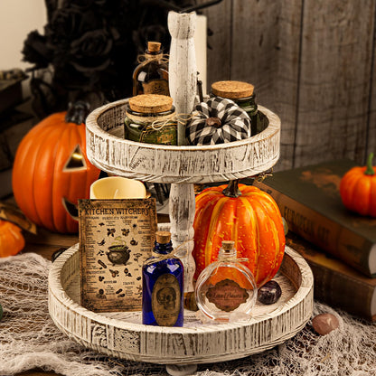 HOHUCRAB Potion Bottles Halloween Decoration, Set of 4 Glass Potion Bottles with Corks and 10 Halloween Bottle labels, Halloween Tiered Tray Decor, Halloween Decorations Indoor