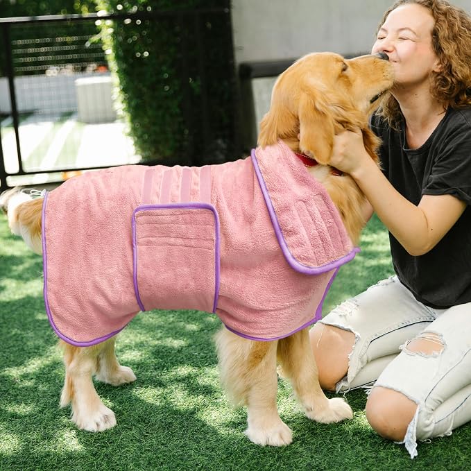 Soft Dog Bathrobe Fast Drying Dog Coat, Super Absorbent Dog Towels for After Bath, Microfiber Pet Robe Adjustable Collar & Belly Warm Keeping Dogs Coat for Pet Dogs & Cats (Pink, 3X-Large)