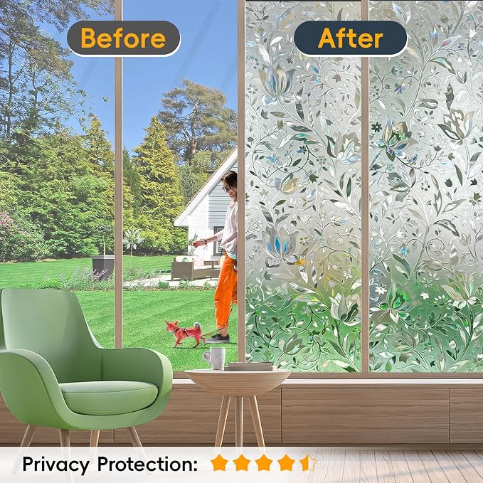 Rainbow Window Privacy Film Decorative, Stained Glass Tint for Home, 3D Decals Clings for Glass Door, Static Cling 29.5" by 78.74"