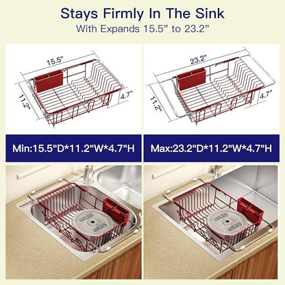 MAJALiS Red Dish Drying Rack Over Sink with Utensil Holder, Drainboard | Expandable Stainless Steel Dish Drainer for Small Kitchen, Apartment, RV, Counter Space Saving, Perfect Fit, Rustproof
