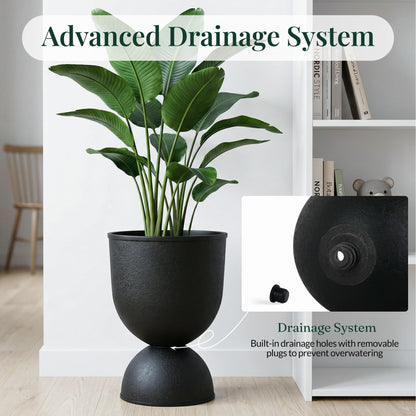 KOL Planters Flower Pots, Plastic Urn Planters for Indoor Outdoor Plants, Black Pedestal Planter Pots 2 Pack, 15 Inch Tall Decorative Planters with Drainage Holes & Plugs for Front Porch Patio Garden