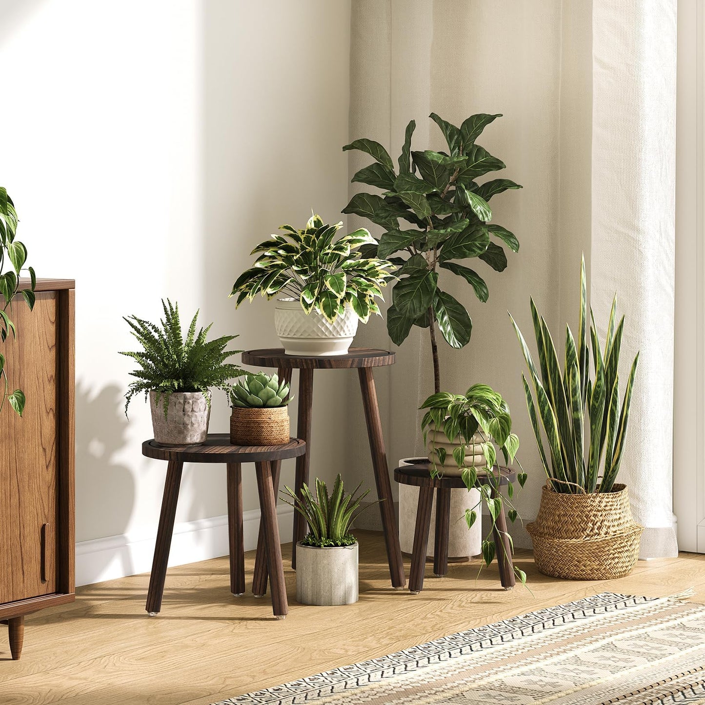 Uneedem Plant Stand Indoor - 3-Pack Taller Single Wood Plant Stand for 6-12 Inch Pots, Mid-Century Modern Plants Stool for Large Plants, Small Round Wooden Planter Table for Living Room, Balcony