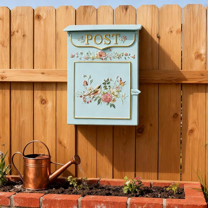 Mailbox Wall Mount Mailboxes for Outside Vintage Mail Boxes for House Outside Metal Drop Box Antique Style Nostalgic Charm Home Decorative, Flower Pattern Blue