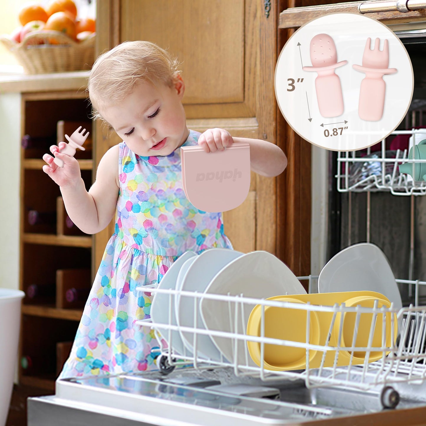 yahaa Toddler Plates Travel Essential on the go,Baby Plates with Forks and Spoons Self Feeding 6 months,Foldable,Silicone,BPA Free,Lemon
