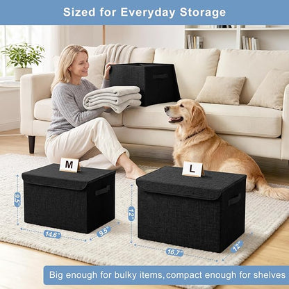 Bagnizer Large 17" 42 Quarts Collapsible Stackable Storage Bins with Lids [3-Pack] Foldable Fabric Linen Storage Boxes Cube, Closet Organizer Baskets with Label (16.7 x 12 x 12, Black)