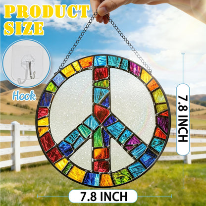 Stained Glass Window Hanging, 7.8 Inch Peace Sign Hippie Stained Glass Suncatcher Ornament, Suncatchers for Windows Hanging, Peace Symbol Decor, Hippie Gifts, Christmas Birthday Gifts for Women