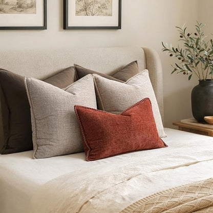 MIULEE Pack of 2 Couch Throw Pillow Covers 18x18 Inch Taupe Farmhouse Decorative Pillow Covers with Stitched Edge Tan Soft Chenille Solid Dyed Pillow Covers for Sofa Bed Living Room