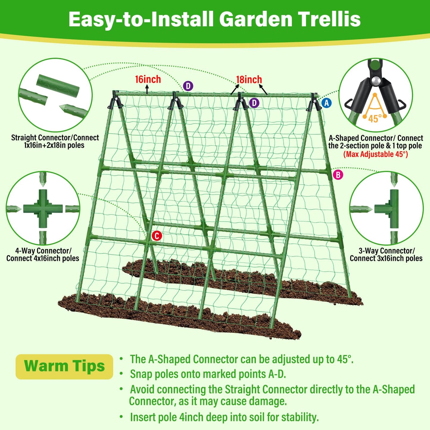 Sunwinx 53x51 Inch Cucumber Trellis for Raised Bed, Adjustable A-Frame Garden Trellis for Climbing Plants Outdoor with Climbing Net, Meal Plant Trellis for Vegetables Pea Bean Tomato Grape Squash