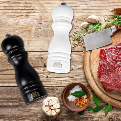 Salt and Pepper Grinder Set - Adjustable Wooden Grinders, White Salt and Pepper Mills, Refillable Salt and Pepper Shakers with Adjustable Coarseness, 7 Inch for Kitchen (Set of 2)