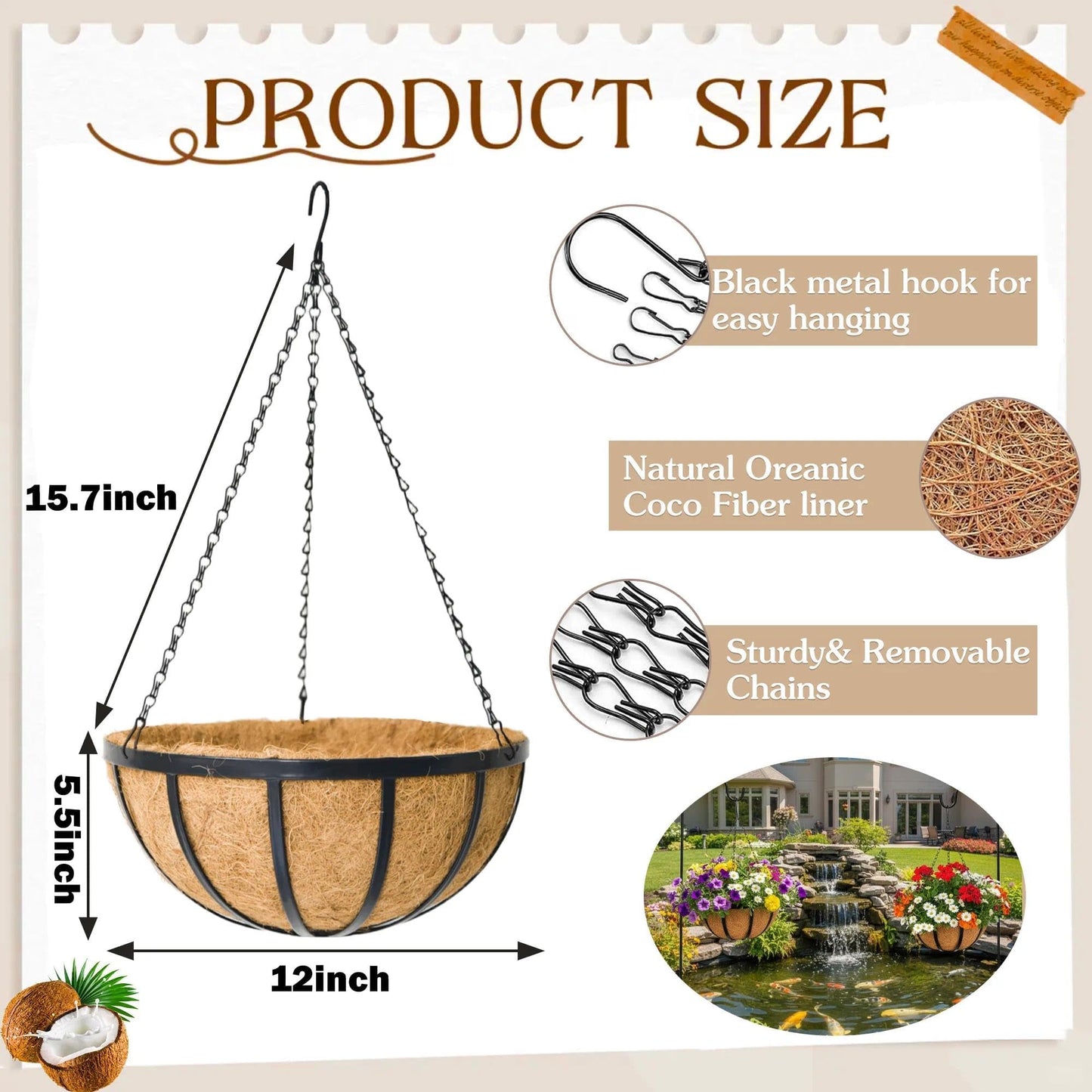 2 Pack 12 inch Metal Hanging Planters Basket Set Round Wire Plant Holder with Coco Fiber Liners Chain Indoor Outdoor Hanging Baskets for Garden Balcony Patio Deck Porch Vegetables Flower Plants