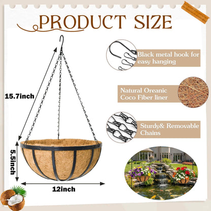 2 Pack 12 inch Metal Hanging Planters Basket Set Round Wire Plant Holder with Coco Fiber Liners Chain Indoor Outdoor Hanging Baskets for Garden Balcony Patio Deck Porch Vegetables Flower Plants
