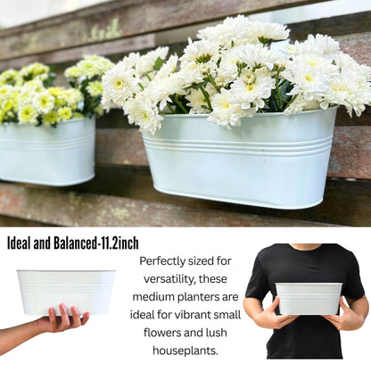 LaLaGreen Rail Planters for Outdoor (6 Pack, 11.2 Inch) White Metal Iron Hanging Flower Pots, Deck Railing Strawberry Planter Fence Bucket Wall Mount Window Box Plant Holder with Hooks Porch Decor