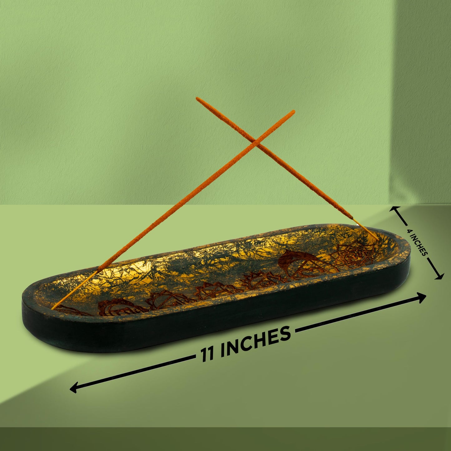 UnitedPrime Hand Carved Incense Holder-Incense Burner/Ash Catcher/Handmade Wooden Insence Tray – Modern Gift Home/Room/Seven Chakra Blue Gold Kitchen Décor Size 11x4x1.5 Inches