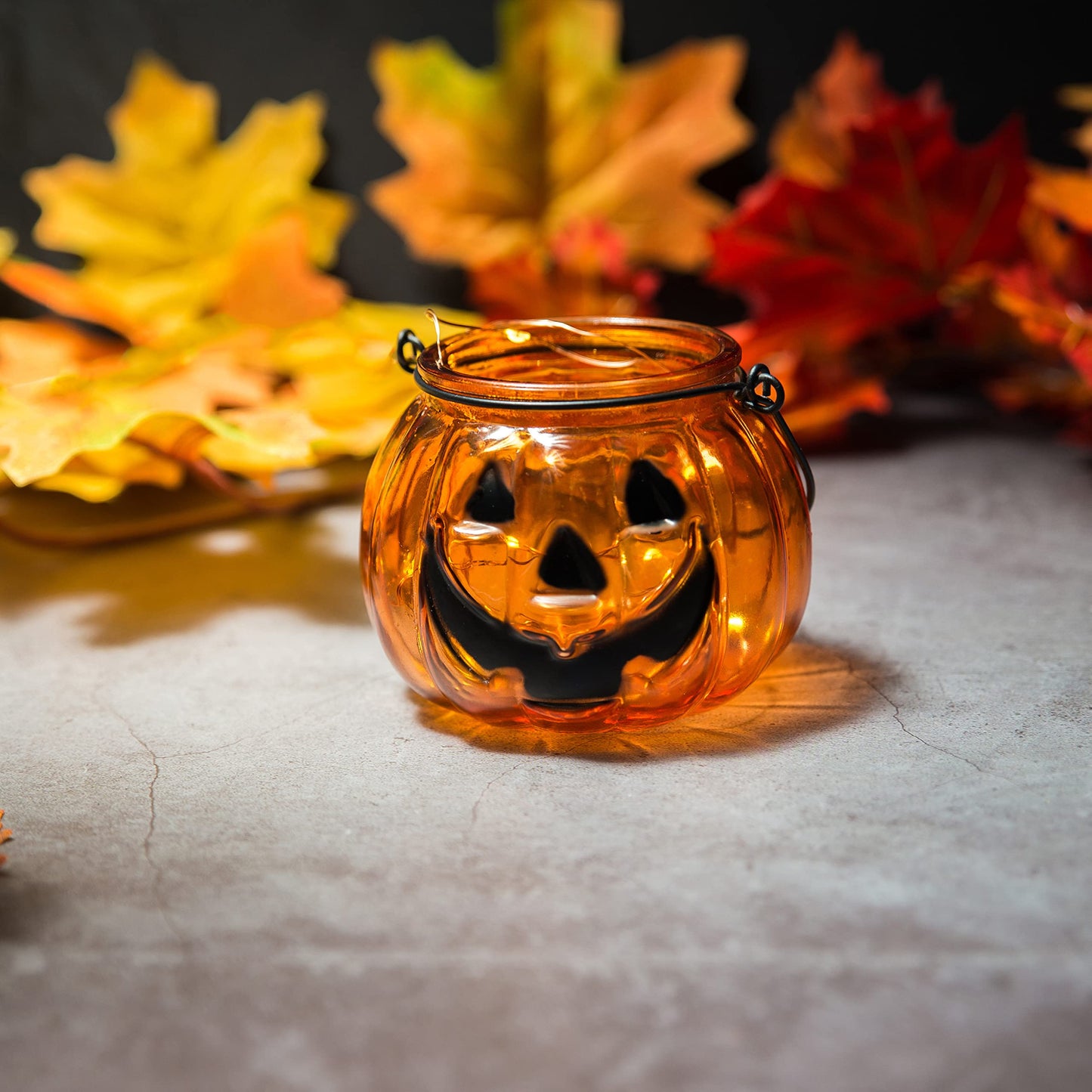 Halloween Candle Holders Set of 4, SHMILMH Tealight Votive Candle Holders with Grimace, Metal Hanging Pumpkin Jack O Lanterns Decorative Halloween Table Centerpiece Orange