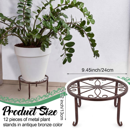 Maitys 12 Pack Metal Plant Stands Outdoor Indoor Heavy Duty Flower Potted Holder Anti-Rust Plant Pot Shelf Round Flower Display Rack for Porch Garden (Bronze)