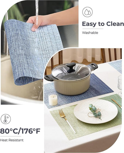 Leetaltree Gradient Blue Woven Placemats Set of 8 - Heat Resistant Non-Slip Place mats for Dining Table, Washable Durable PVC Vinyl Woven Table Mats(Gradient Blue, 8)