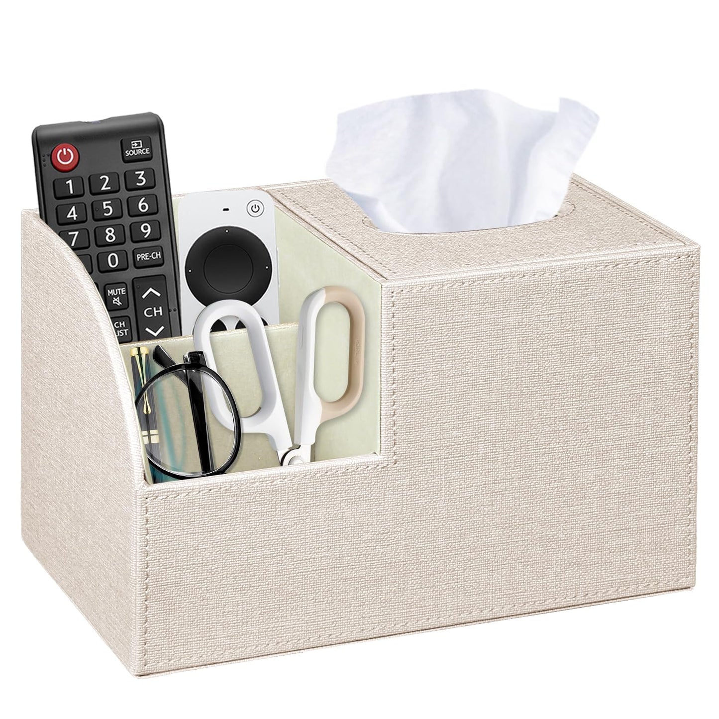Fanousy Square Tissue Box Cover with Storage, PU Leather Cube Tissue Box Holder, Remote Control Nightstand Organizer, Modern Desk Caddy for End Table, Bathroom, Bedroom, Home, Office Decor