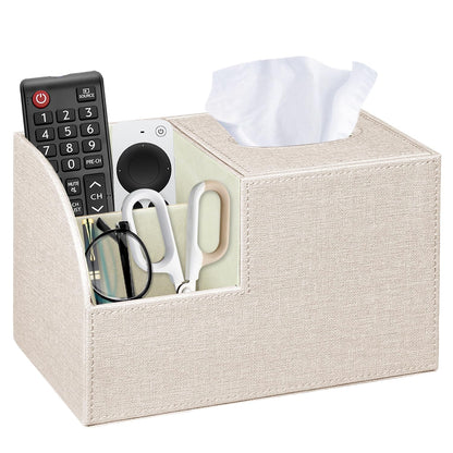 Fanousy Square Tissue Box Cover with Storage, PU Leather Cube Tissue Box Holder, Remote Control Nightstand Organizer, Modern Desk Caddy for End Table, Bathroom, Bedroom, Home, Office Decor