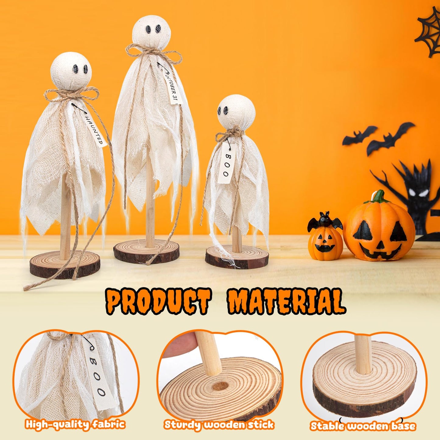 Wooden Ghost Halloween Decorations Indoor– Set of 3 Sizes Rustic Shelf Sitters with Fabric Ghost Figures – Halloween Table Decor for Tiered Tray, Mantel, Halloween Party Supplies（White）