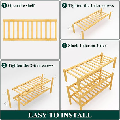 Smiry Bamboo Shoe Rack, 3 Tier Free Standing Wooden Shoe Organizer, Stackable Wood Shoe Storage Shelf for Closet, Entryway, 14 Vertical Slats, 2+1 Stack Heavy-Duty Legs, 26.8"x11"x19.5", Natural