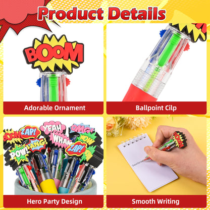 LiYiQ 25 Pcs Hero Theme Multicolor Pen in One Cartoon Cute Fun 4-in-1 Cute Pens Bulk Kawaii Hero Theme Boom Wow Pow Conversation Cool Ballpoint Pens for Fun Gifts