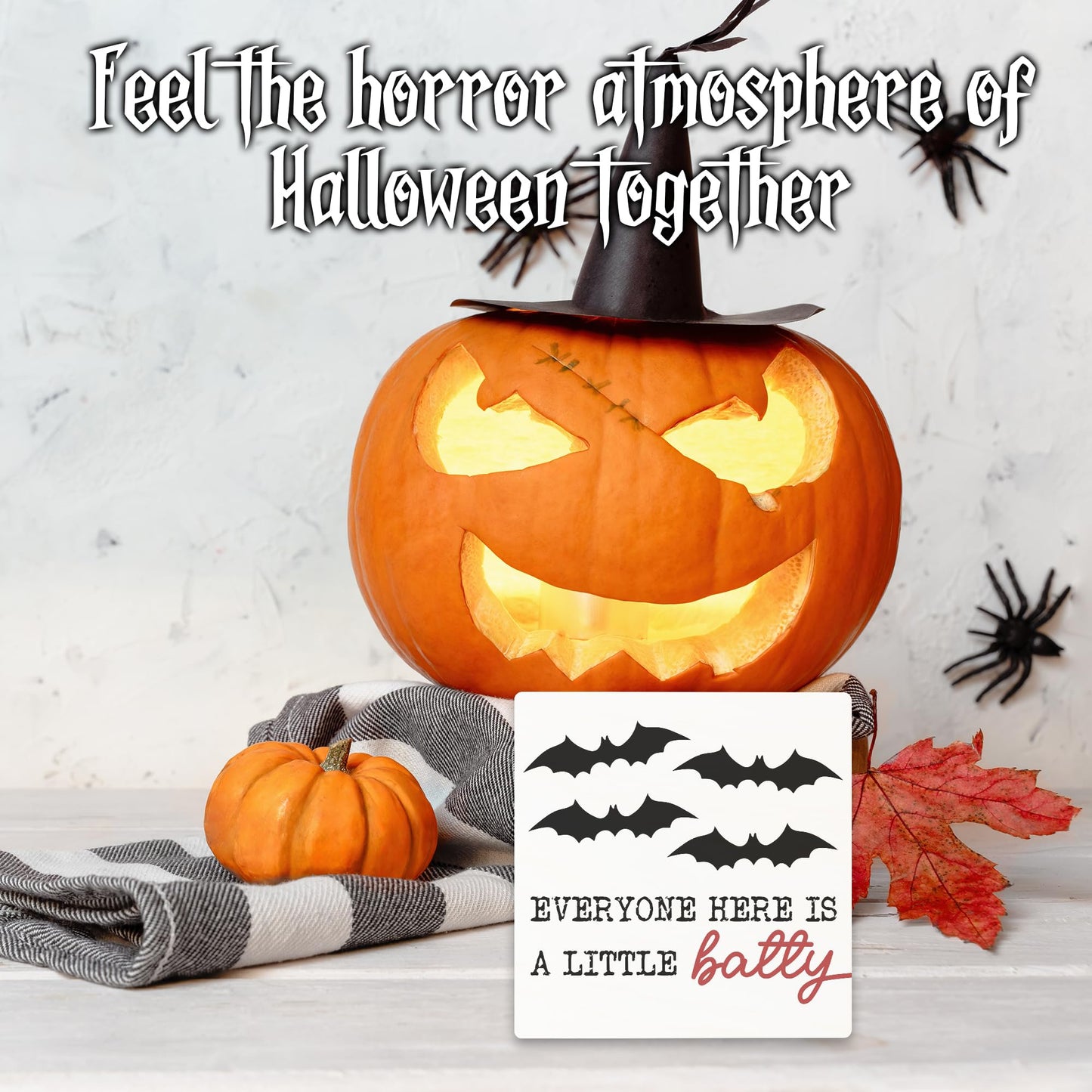5 Inches Halloween Wooden Block Sign - Everyone Here Is A Little Batty - Spooky Bats Rustic Wooden Sign - Halloween Party Tabletop Decor For Haunted House Home Desk - Favors For Friends Family - A06