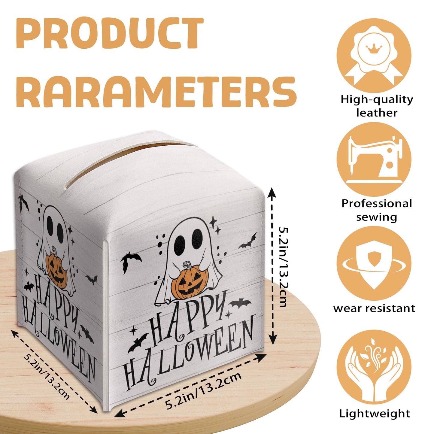 Happy Halloween Tissue Box Holder, Ghost Pumpkin Leather Tissue Box Cover Square, Cute Facial Paper Organizer Dispenser Toilet Paper Holder Decor for Bathroom Kitchen Office Home Accessory-A03