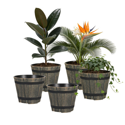 WEICHENGXING 5 Pack 7 Inch Plastic Plant Pots, Whiskey Barrel Planters, Flower Pots for Indoor Outdoor Home Herb Snake Plants, Durable Pots, Set of 5