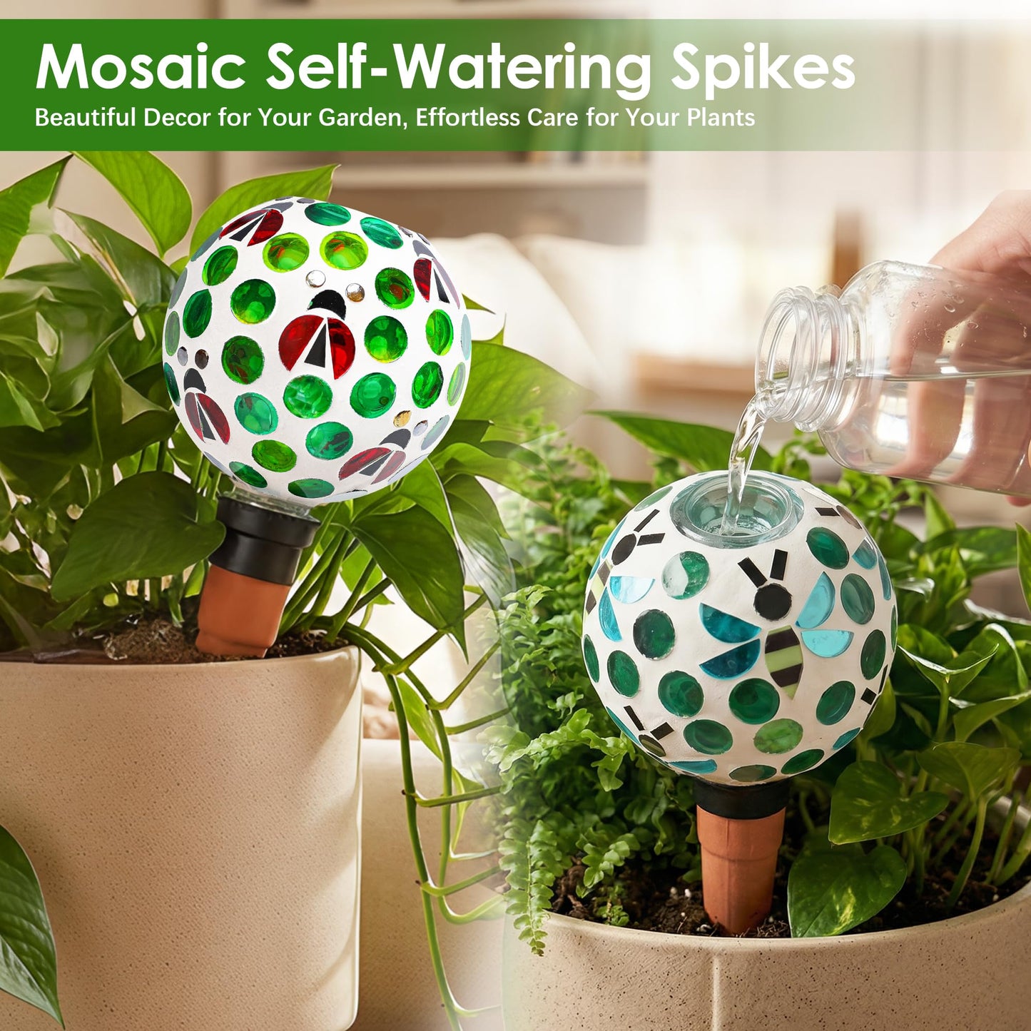Chonsun Terracotta Plant Watering Globes Mosaic Self Watering Spikes 2 Pack for Indoor Outdoor Plants Automatic Plant Waterer Plant Watering Devices for Garden Home Decor