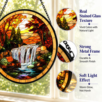 Stained Glass Window Hanging- Autumn Waterfall Design，Suncatcher for Window, for Christmas, Mother's Day and Nature Lovers