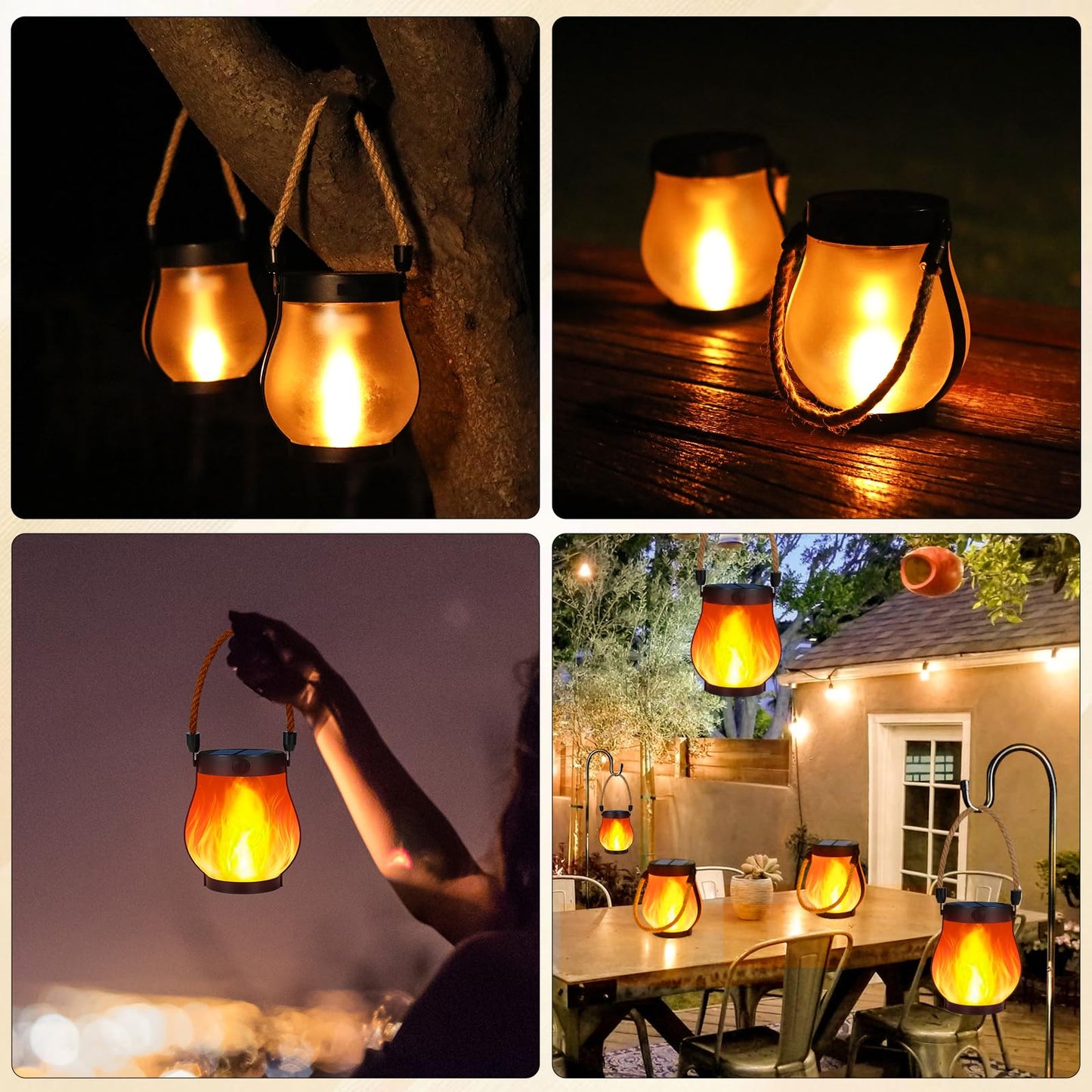 Solar Lanterns Outdoor Waterproof, 2 Pack Hanging Solar Lights for Outside, Flickering Flame Hanging Lanterns, Dual Charging USB/Solar Powered Outdoor Lanterns for Porch Yard Garden Patio Decor