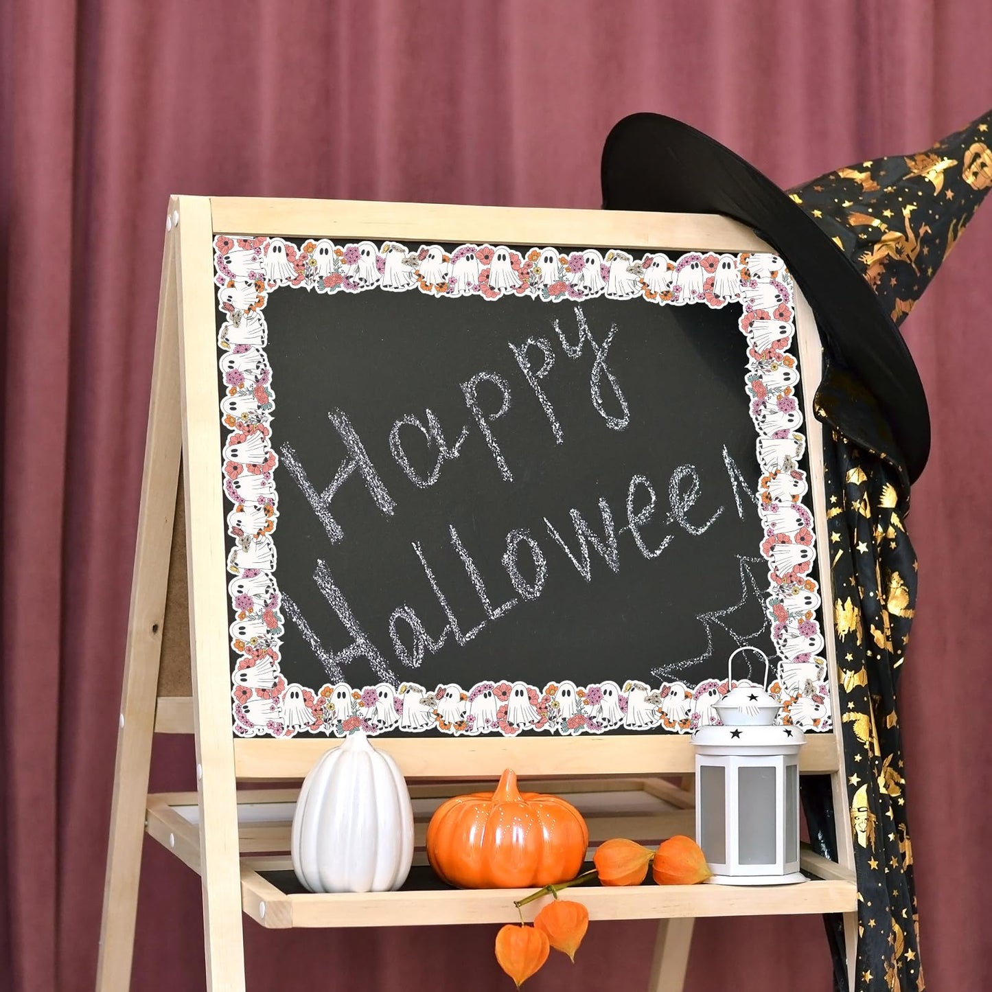 Whaline 65Ft Halloween Bulletin Board Border Cute Floral Ghost Die Cut Trim Border Roll for Home Party Classroom Chalkboard Decoration
