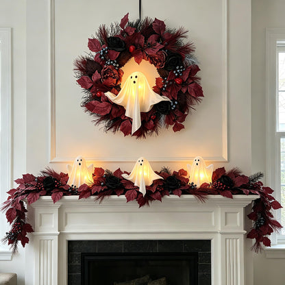 HipTree 6 FT Gothic Halloween Garland with Light-Up Cute White Ghosts, Spooky Fall Eucalyptus Garland with Burgundy Leaves & Pampas Grass for Mantle Fireplace Staircase Indoor Outdoor