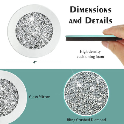 Jetec Mirrored Glass Coaster Set of 6 with 1 Holder 4" Crushed Diamond Round Cup Mat Glitter Crystal Rhinestone Glass Coaster Bling Table Decor for Bar Kitchen Gift for Christmas(Silver,4 Inch)