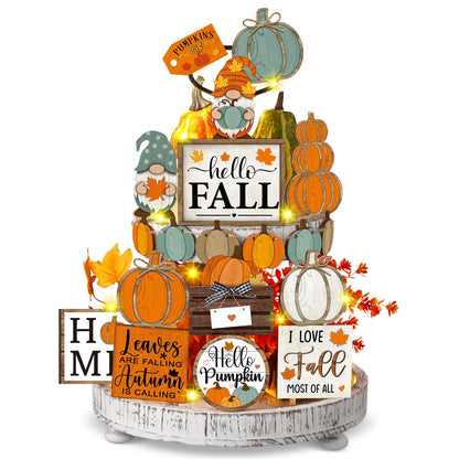 FairySandy 21 Pcs Fall Tiered Tray Decoration Set Fall Table Sign Pumpkins Farmhouse Decor Gnome Maple Leaves Centerpieces Thanksgiving Harvest Wood Decorative Blocks Tabletop Sign for Autumn(Pumpkin)