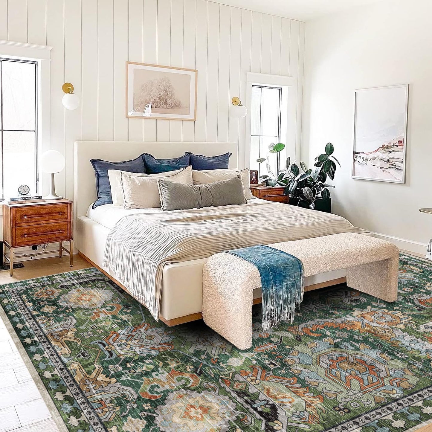 RUGSURE Washable Area Rugs - Perfect for Living Room, Bedroom, Kids Room, Nursery - Stain & Water Resistant Non-Slip, Pet & Child Friendly, Vintage Tribal Area Rugs (Green, 4' x 6')