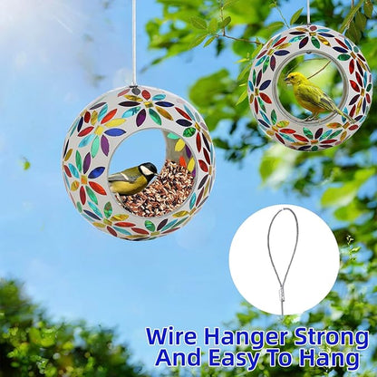 VOREEN Mosaic Glass Bird Feeder, Handcrafted Hanging Fly-Through Feeder for Outdoor Garden & Backyard, Decorative Wild Bird Feeder with Steel Wire Cable, Mosaic Colorful Flowers